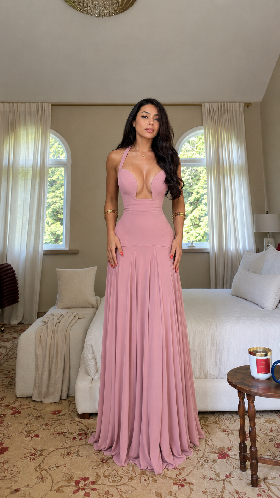Deep Plunge Halter Pleated Maxi Dress