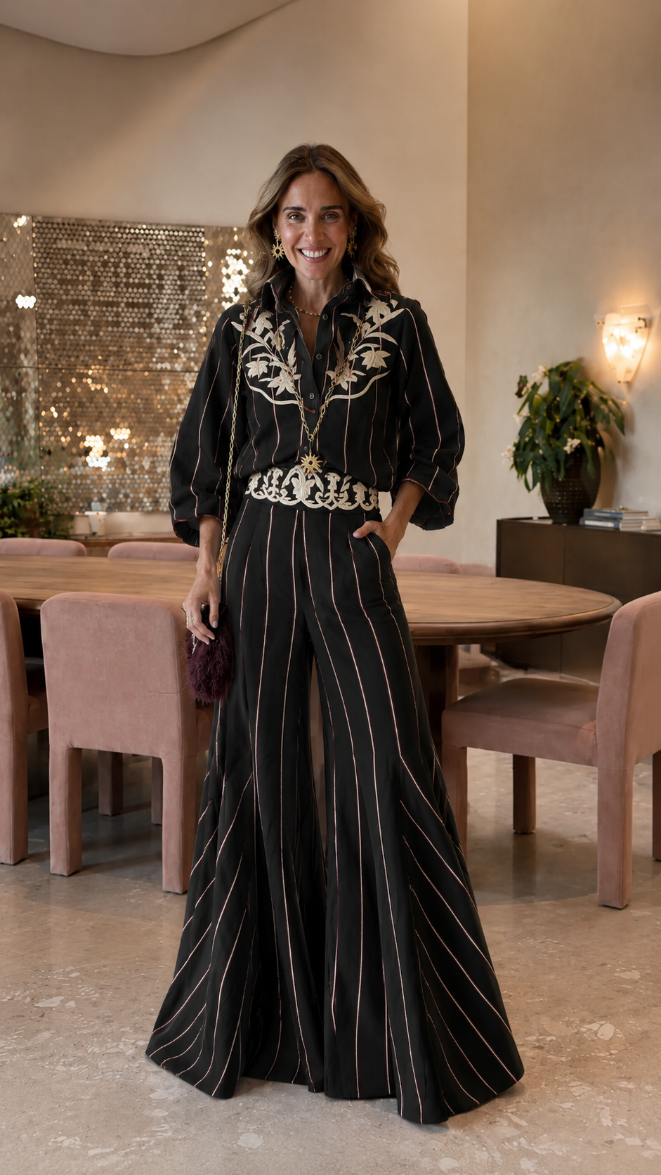 Embroidered Striped Shirt & Flared Palazzo Pants Set