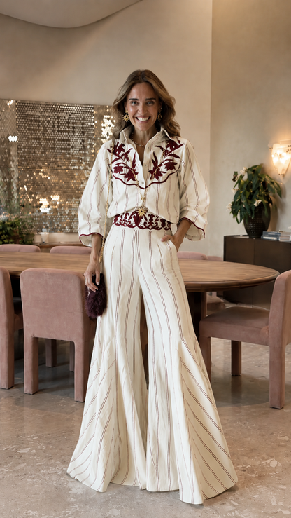 Embroidered Striped Shirt & Flared Palazzo Pants Set