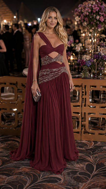 One-Shoulder Beaded Cut-Out Pleated Evening Gown
