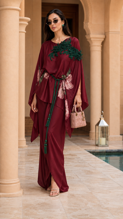 One-Shoulder Floral Embroidered Kaftan Maxi Skirt Set