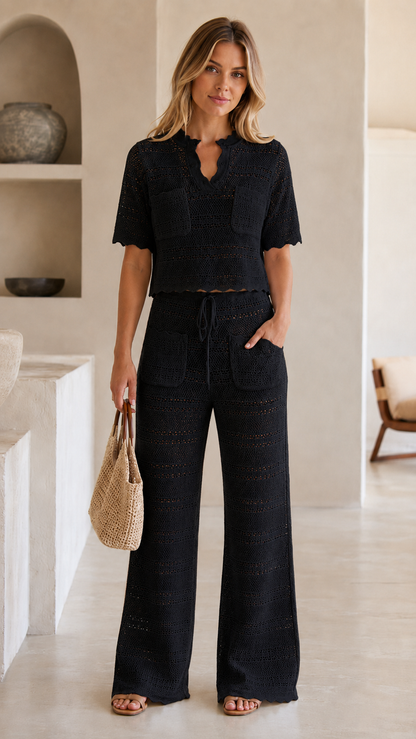 Crochet Knit Crop Top & Wide-Leg Pants Set