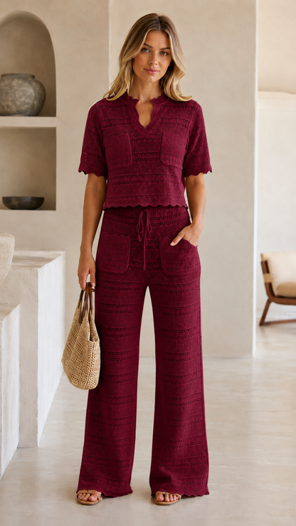 Crochet Knit Crop Top & Wide-Leg Pants Set