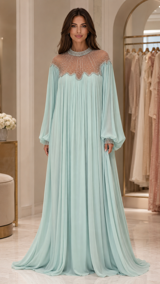 Embellished Pleated Chiffon Maxi Gown