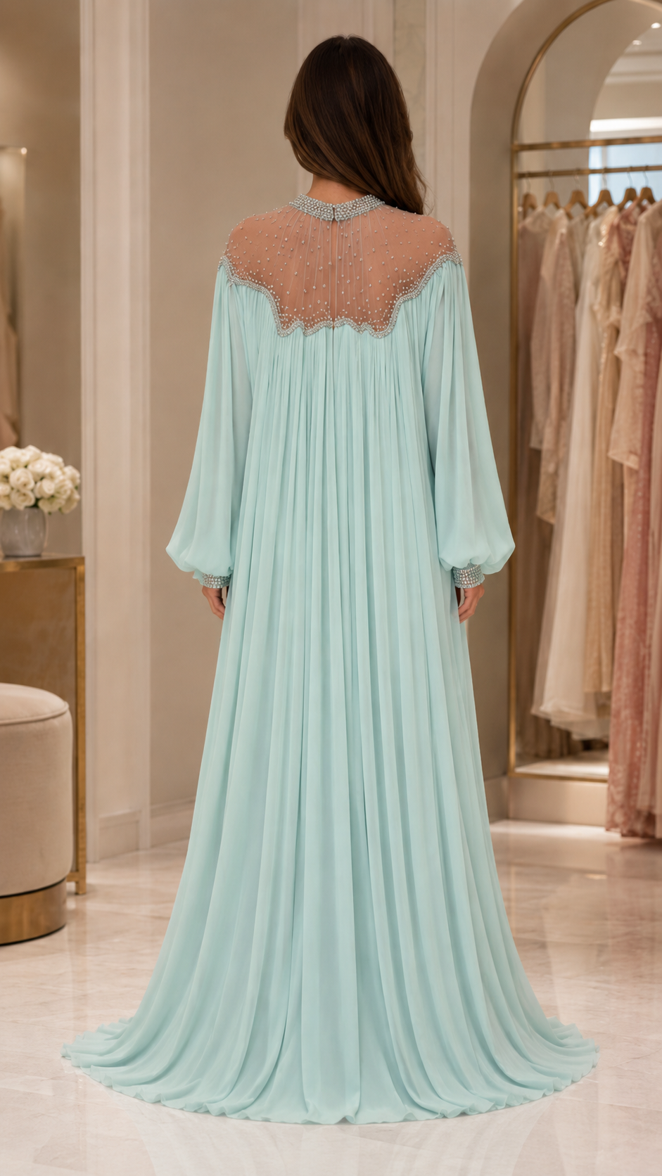 Embellished Pleated Chiffon Maxi Gown