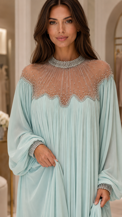 Embellished Pleated Chiffon Maxi Gown