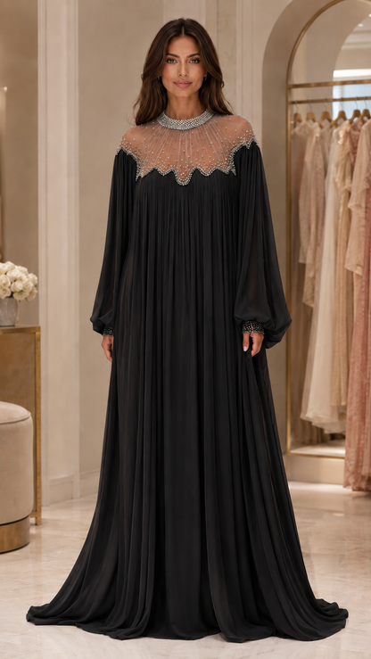 Embellished Pleated Chiffon Maxi Gown