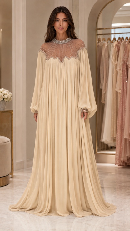 Embellished Pleated Chiffon Maxi Gown