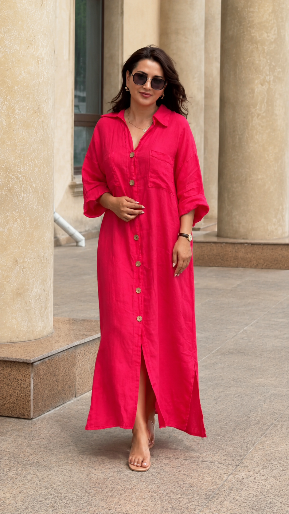 Oversized Linen-Look Button Front Maxi Shirt Dress