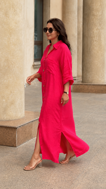 Oversized Linen-Look Button Front Maxi Shirt Dress