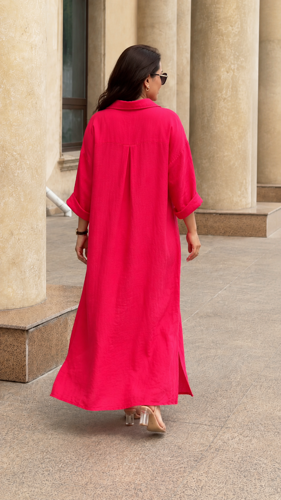 Oversized Linen-Look Button Front Maxi Shirt Dress