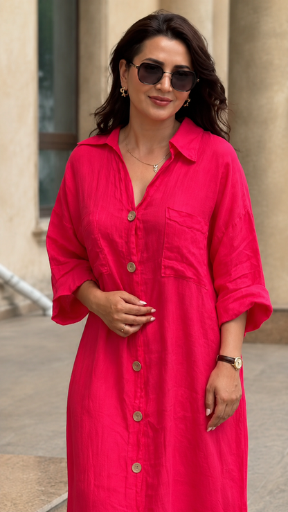 Oversized Linen-Look Button Front Maxi Shirt Dress