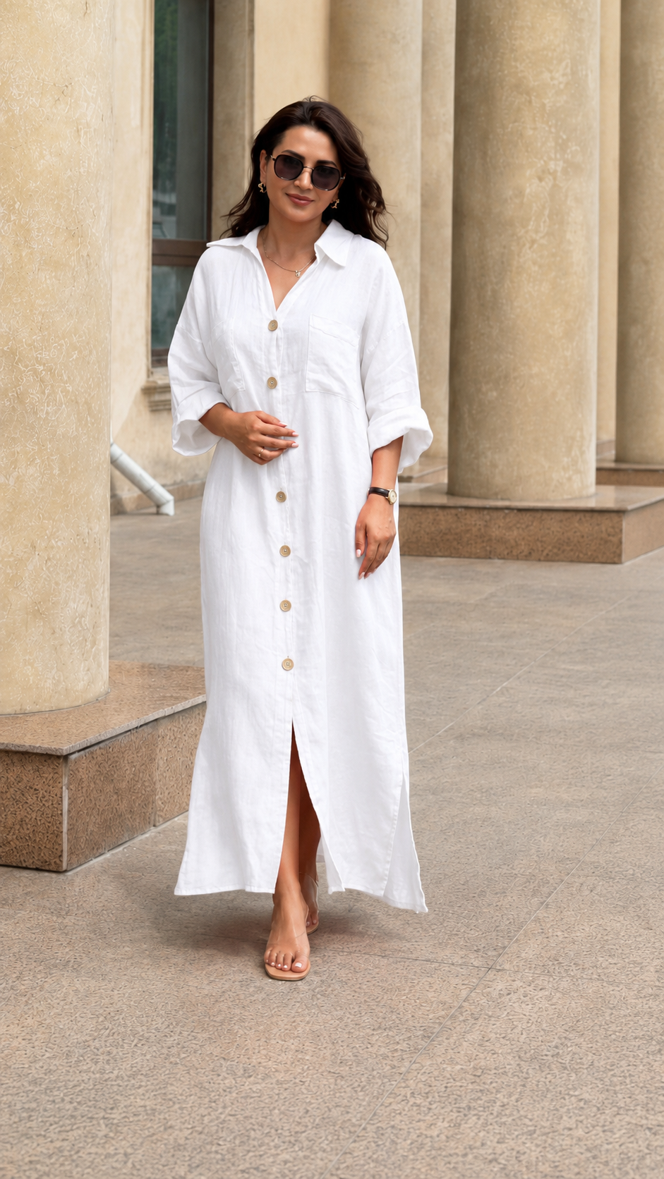 Oversized Linen-Look Button Front Maxi Shirt Dress