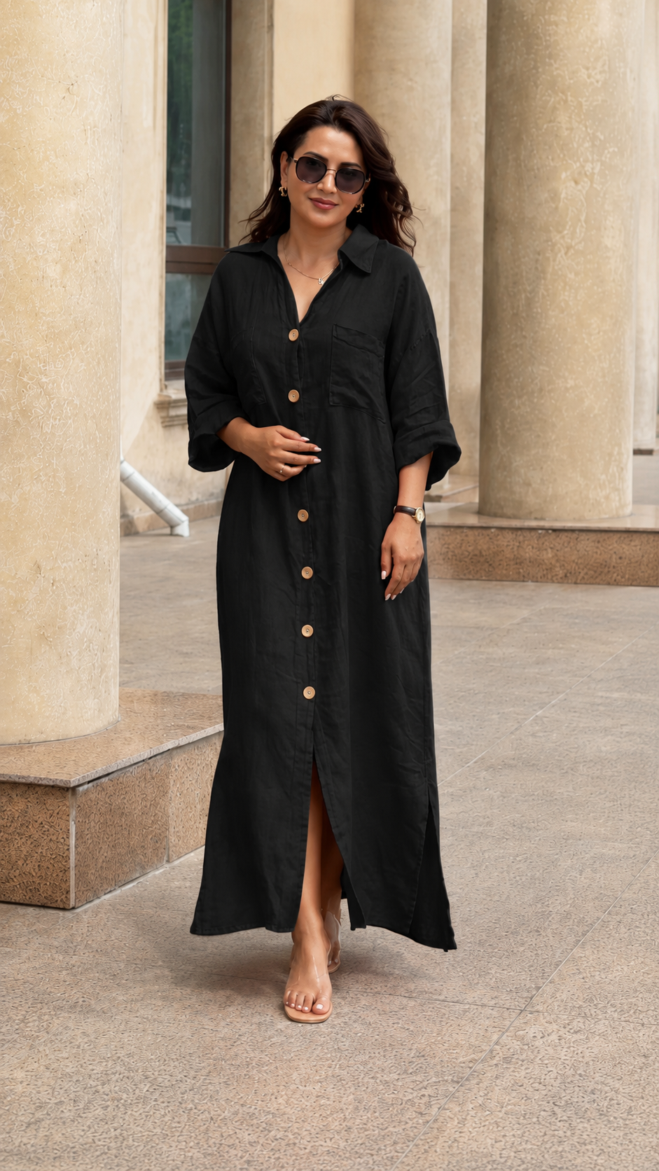 Oversized Linen-Look Button Front Maxi Shirt Dress
