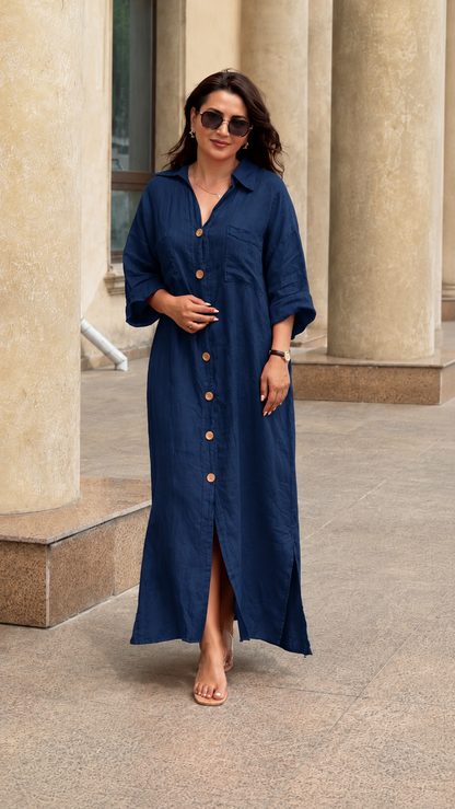 Oversized Linen-Look Button Front Maxi Shirt Dress