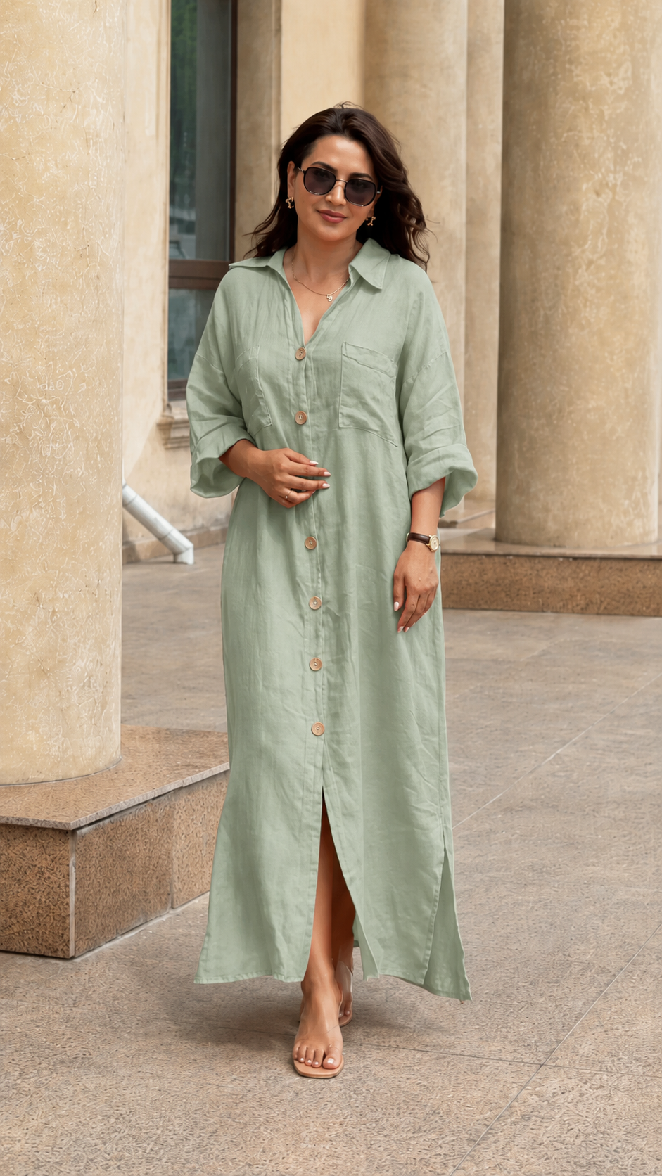 Oversized Linen-Look Button Front Maxi Shirt Dress