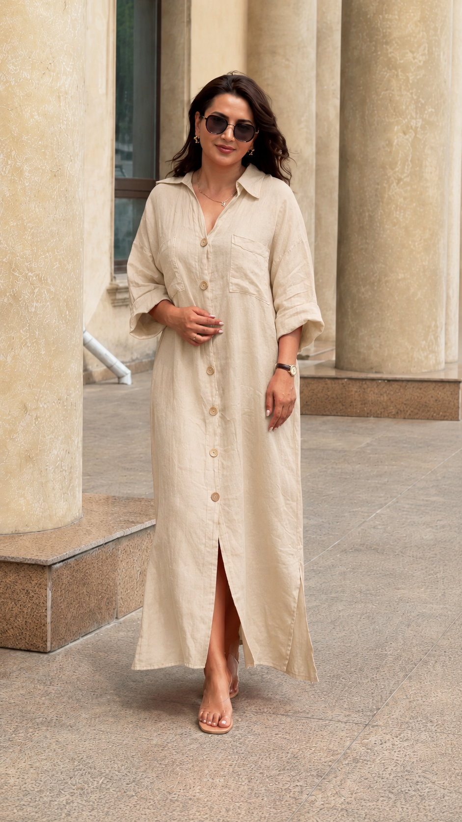Oversized Linen-Look Button Front Maxi Shirt Dress