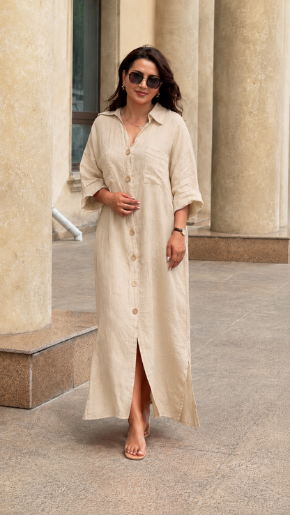 Oversized Linen-Look Button Front Maxi Shirt Dress