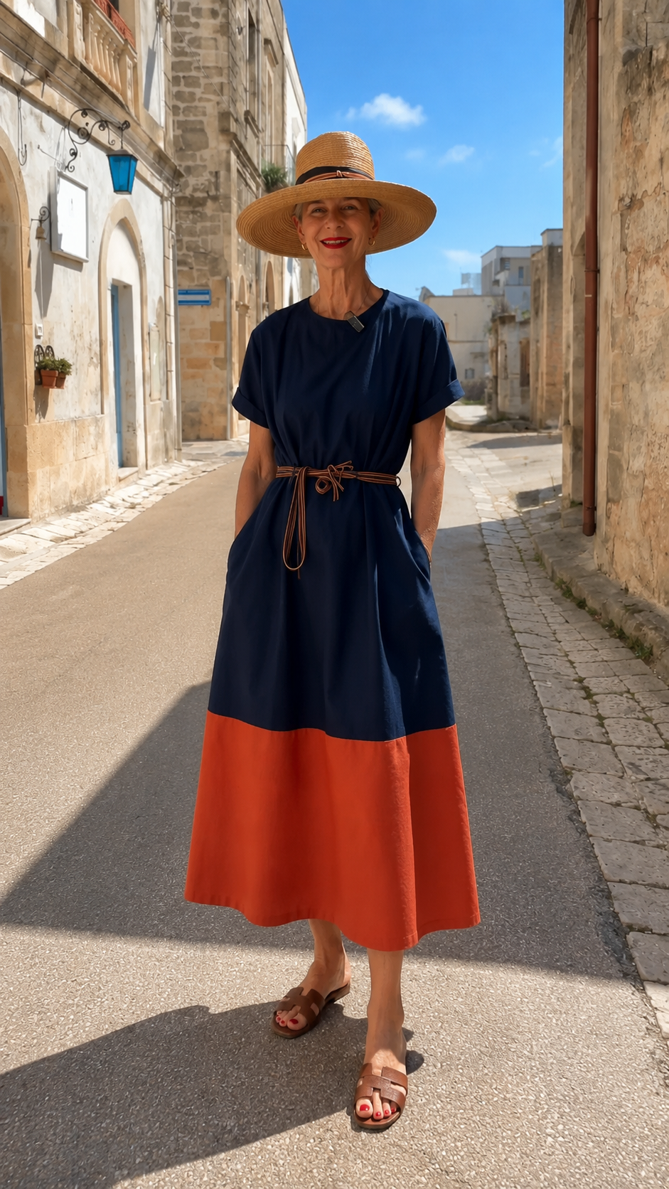 Color Block Belted Midi Dress