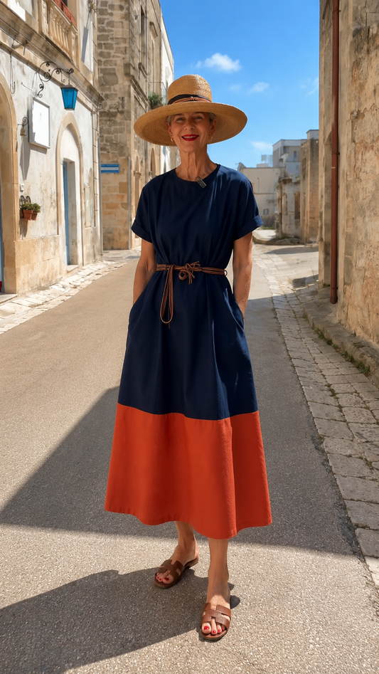 Color Block Belted Midi Dress