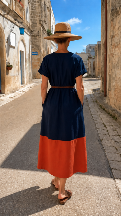 Color Block Belted Midi Dress