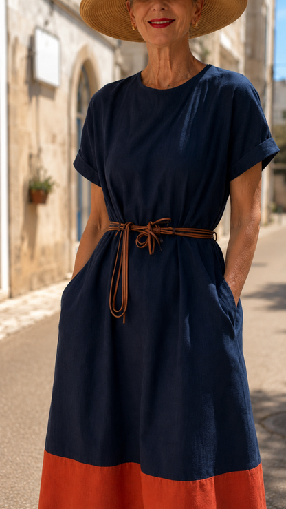 Color Block Belted Midi Dress