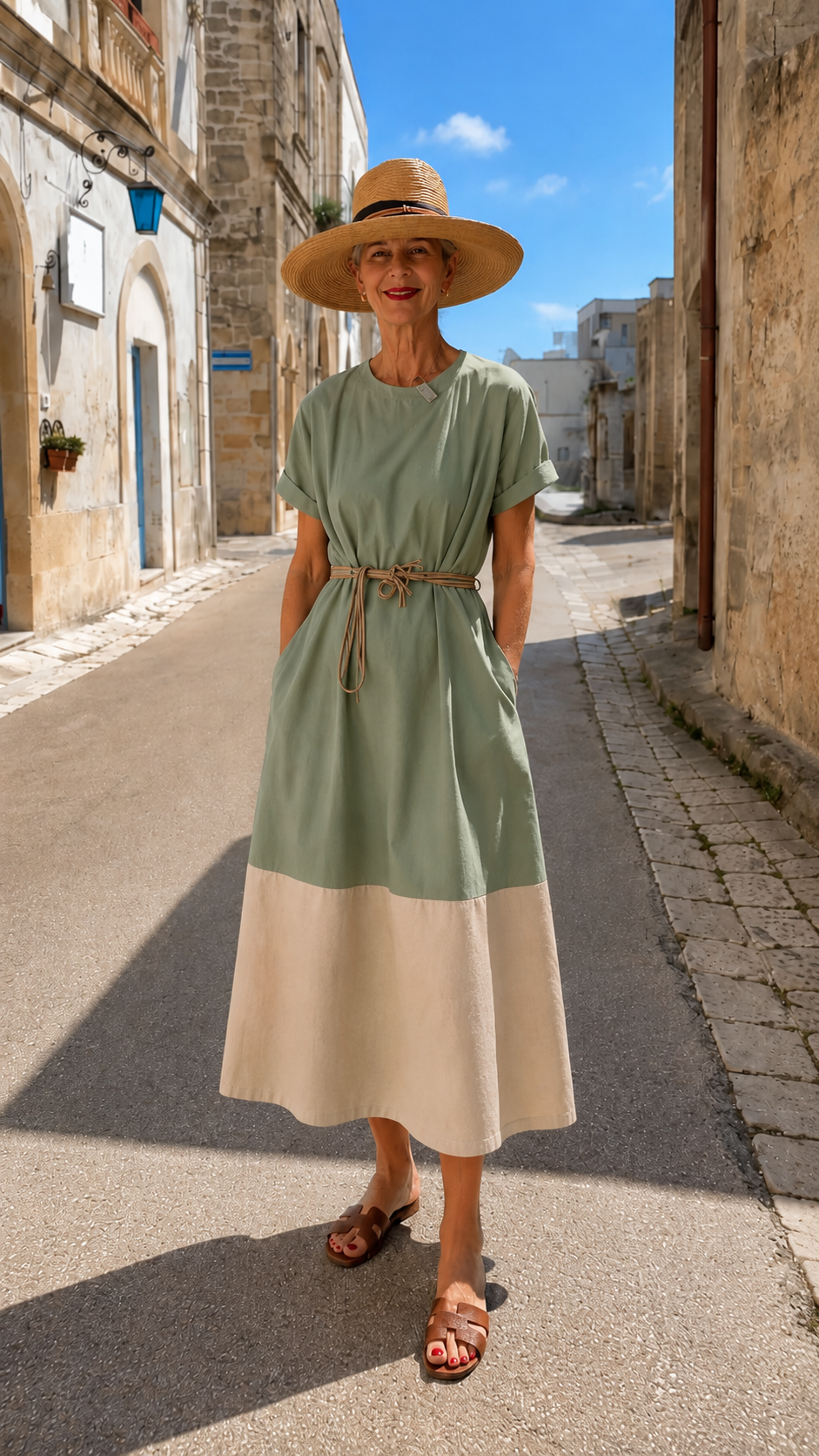 Color Block Belted Midi Dress