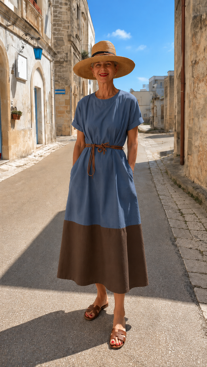 Color Block Belted Midi Dress
