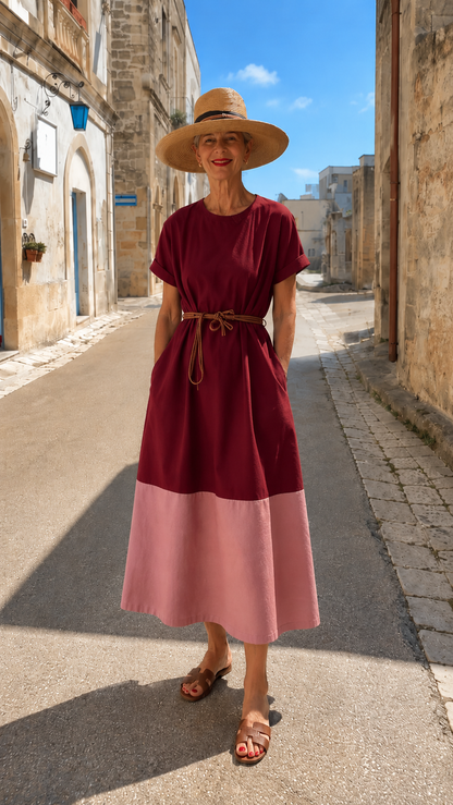 Color Block Belted Midi Dress
