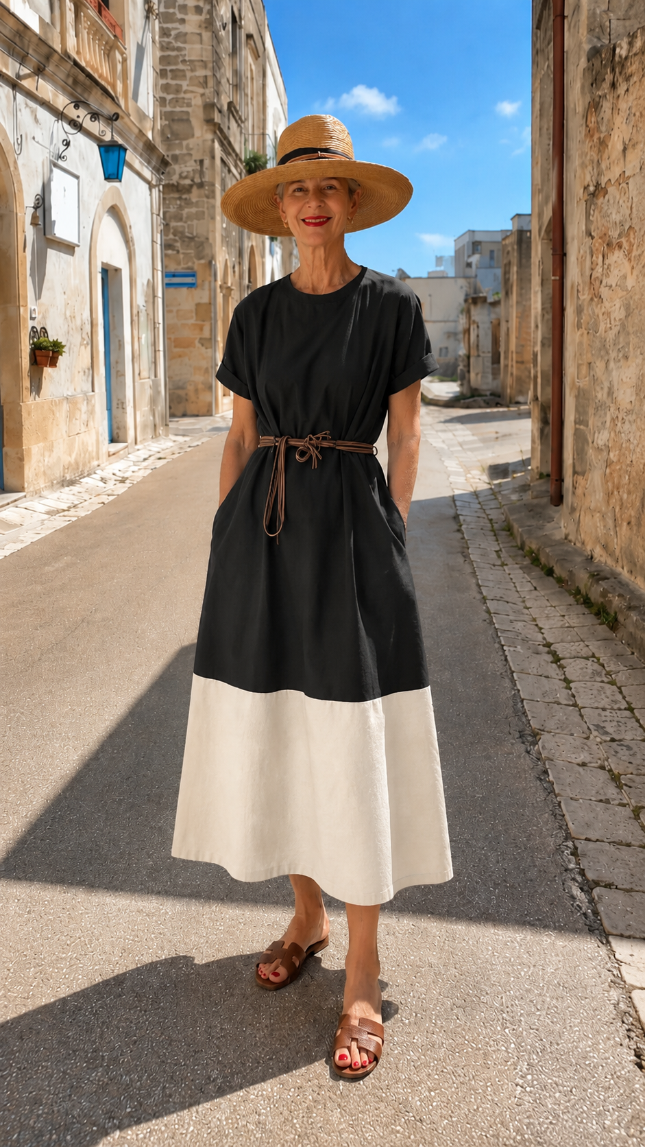 Color Block Belted Midi Dress