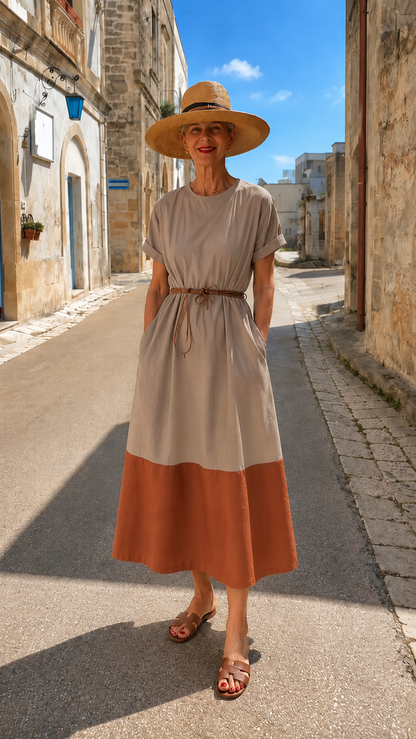 Color Block Belted Midi Dress