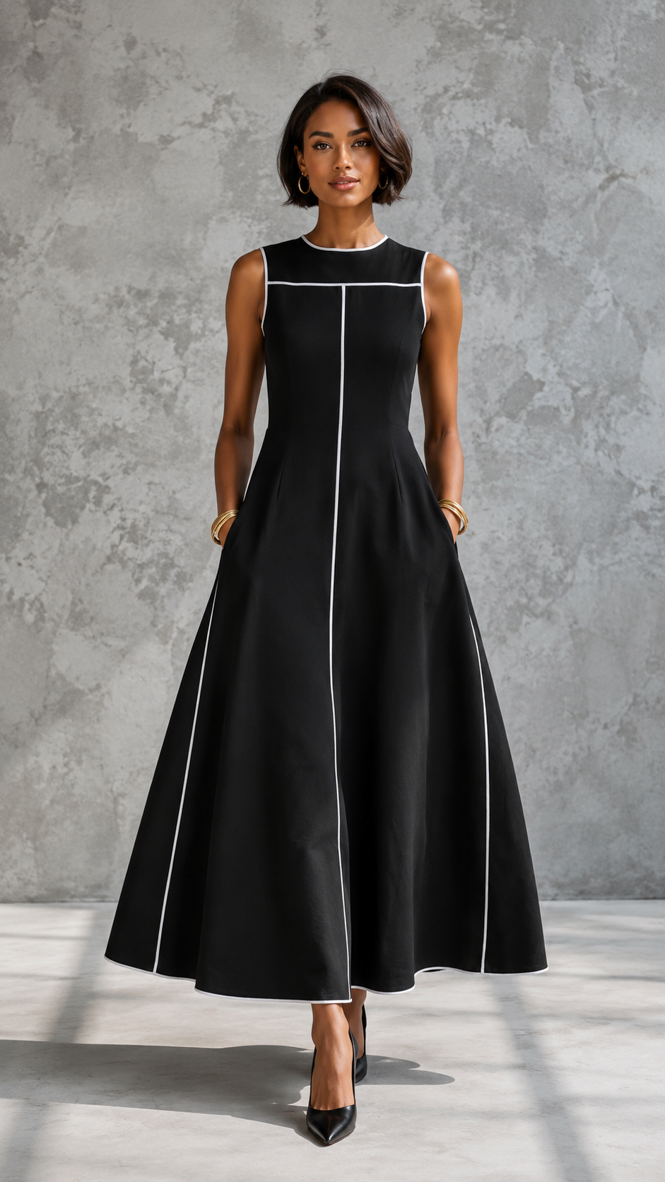 Contrast Piping Sleeveless A-Line Midi Dress