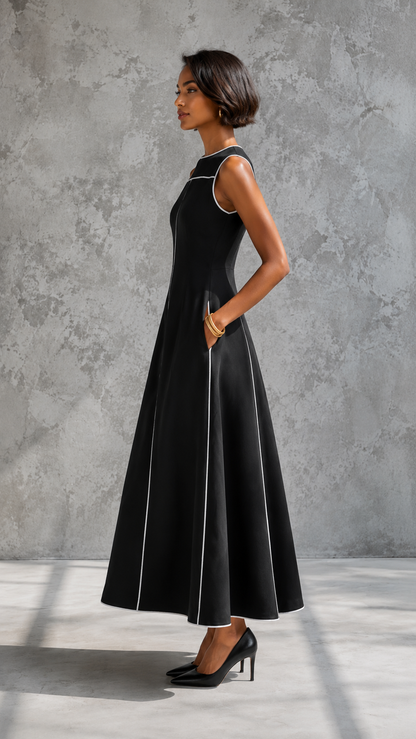 Contrast Piping Sleeveless A-Line Midi Dress