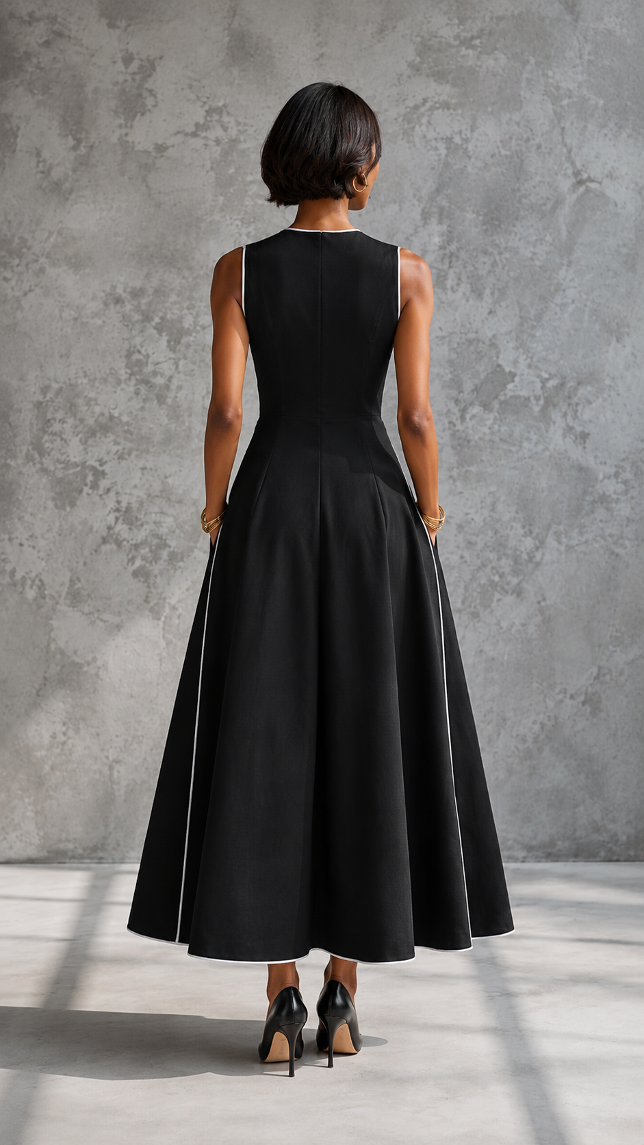 Contrast Piping Sleeveless A-Line Midi Dress