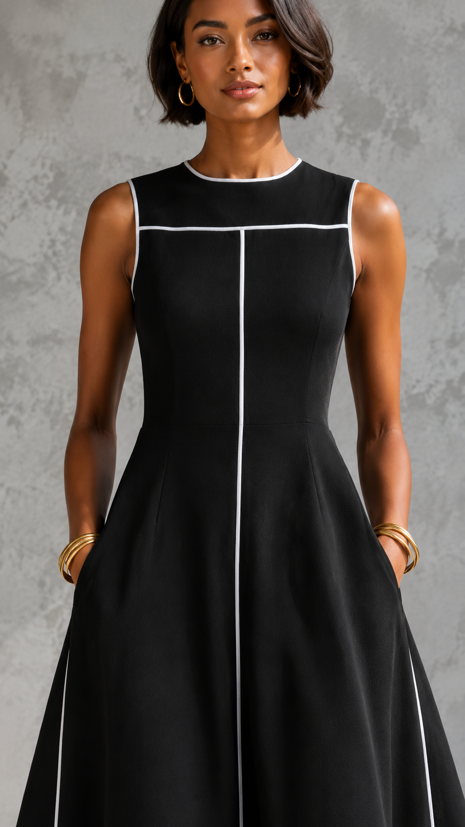 Contrast Piping Sleeveless A-Line Midi Dress
