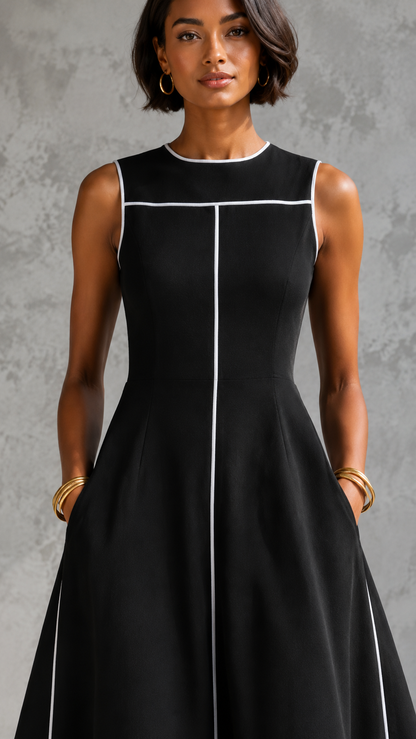 Contrast Piping Sleeveless A-Line Midi Dress