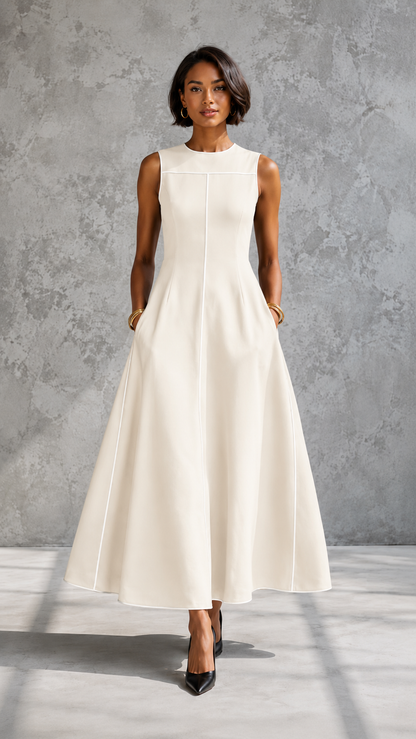 Contrast Piping Sleeveless A-Line Midi Dress