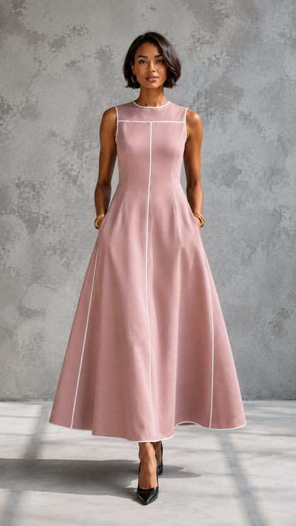 Contrast Piping Sleeveless A-Line Midi Dress