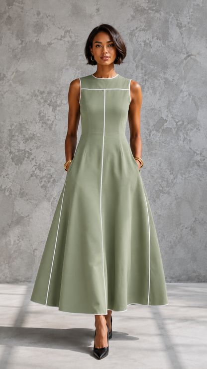 Contrast Piping Sleeveless A-Line Midi Dress