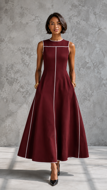 Contrast Piping Sleeveless A-Line Midi Dress