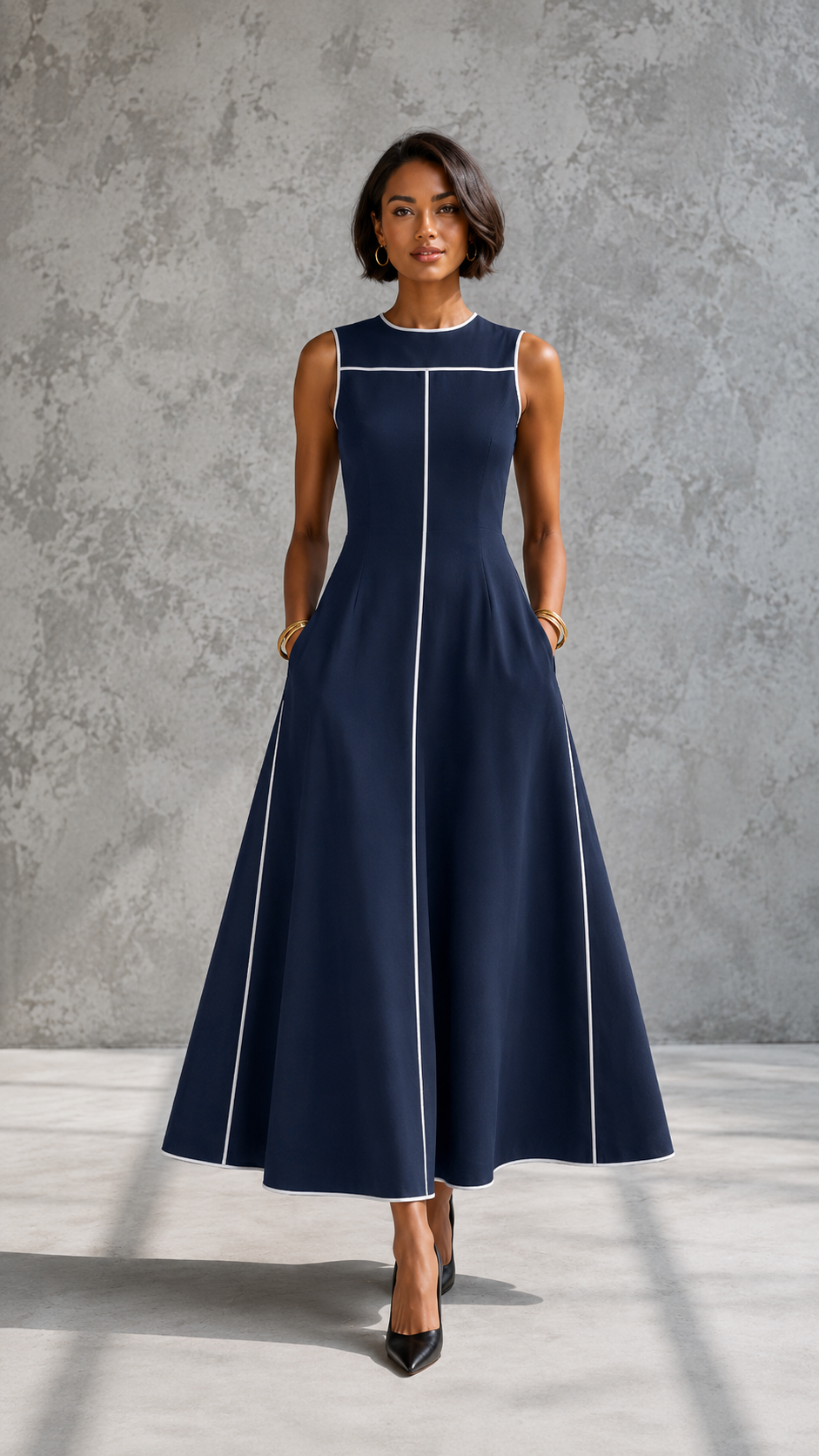 Contrast Piping Sleeveless A-Line Midi Dress