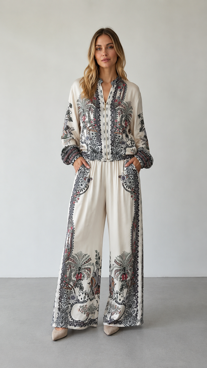 Paisley Print Zip-Front Blouse & Wide Leg Pants Set