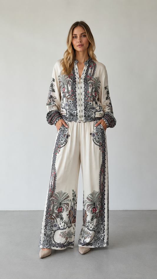 Paisley Print Zip-Front Blouse & Wide Leg Pants Set