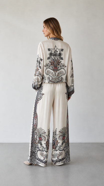 Paisley Print Zip-Front Blouse & Wide Leg Pants Set