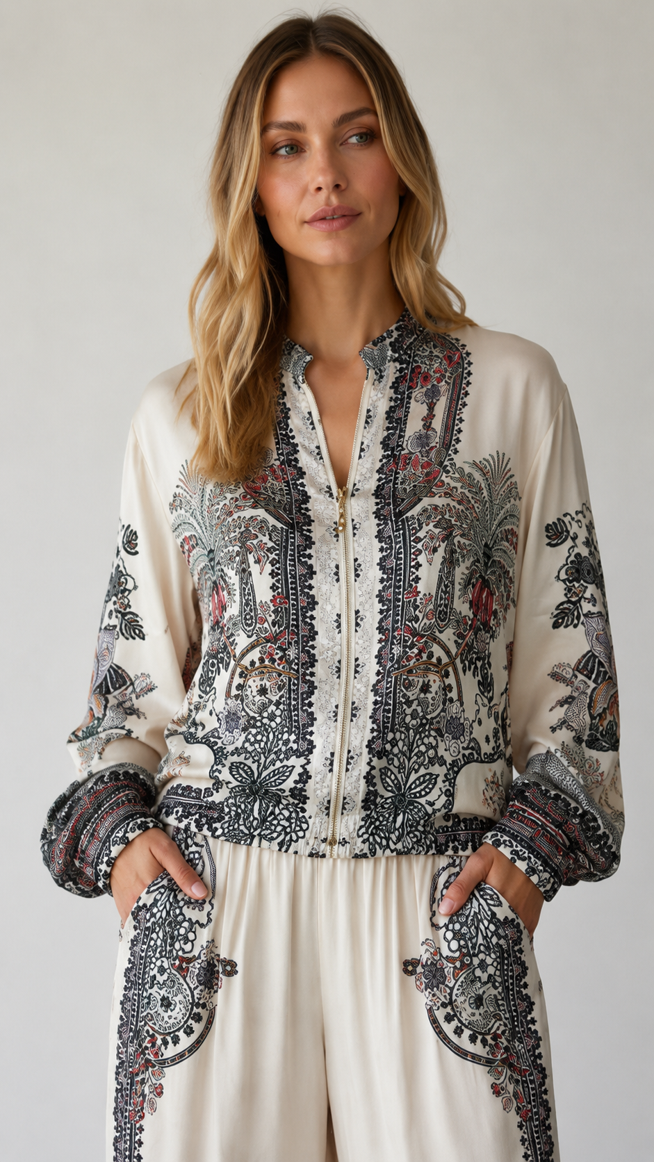 Paisley Print Zip-Front Blouse & Wide Leg Pants Set