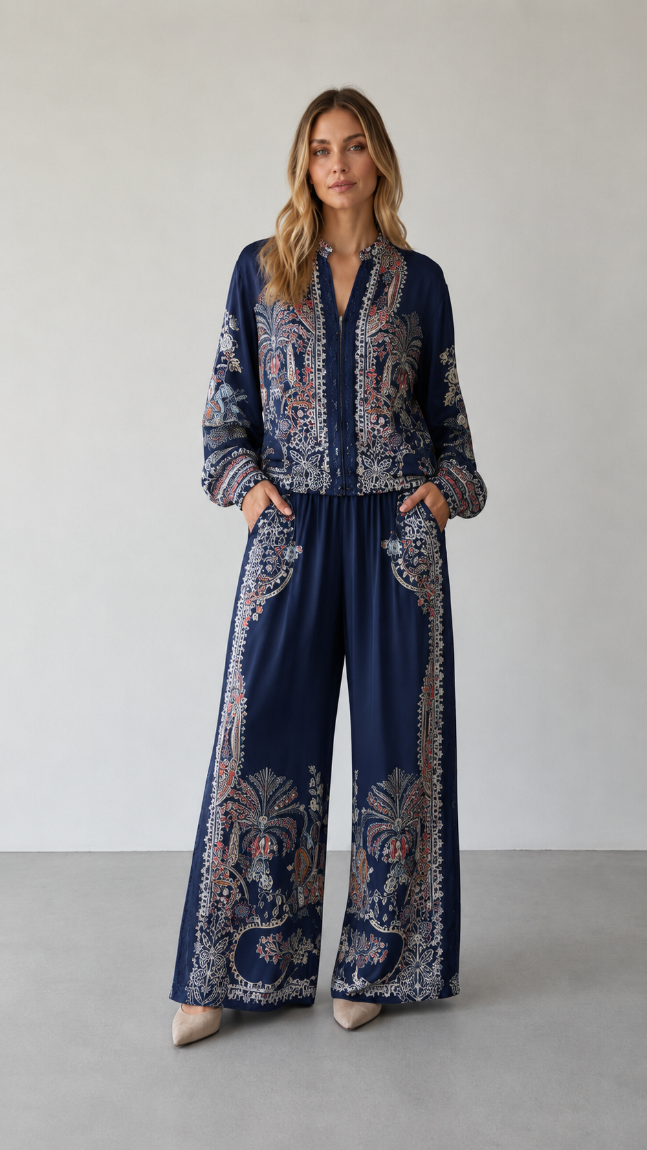 Paisley Print Zip-Front Blouse & Wide Leg Pants Set