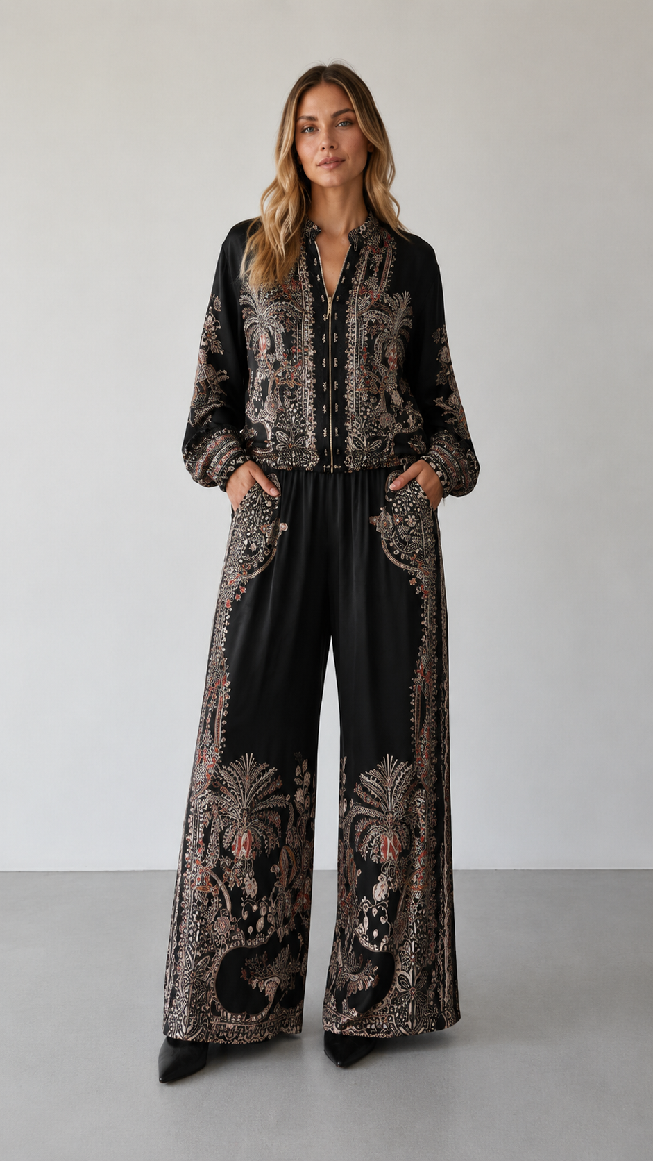 Paisley Print Zip-Front Blouse & Wide Leg Pants Set