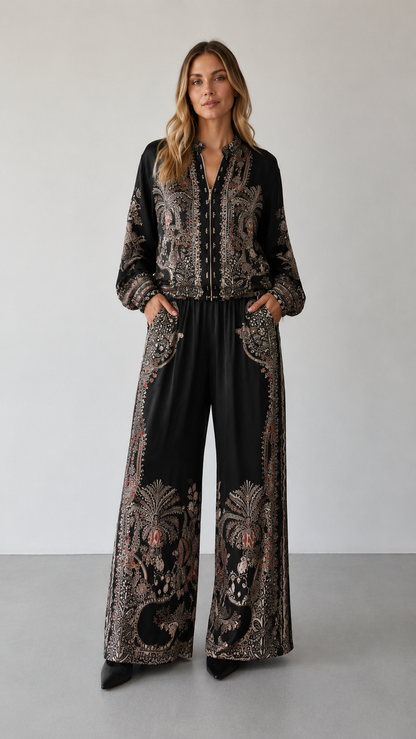 Paisley Print Zip-Front Blouse & Wide Leg Pants Set