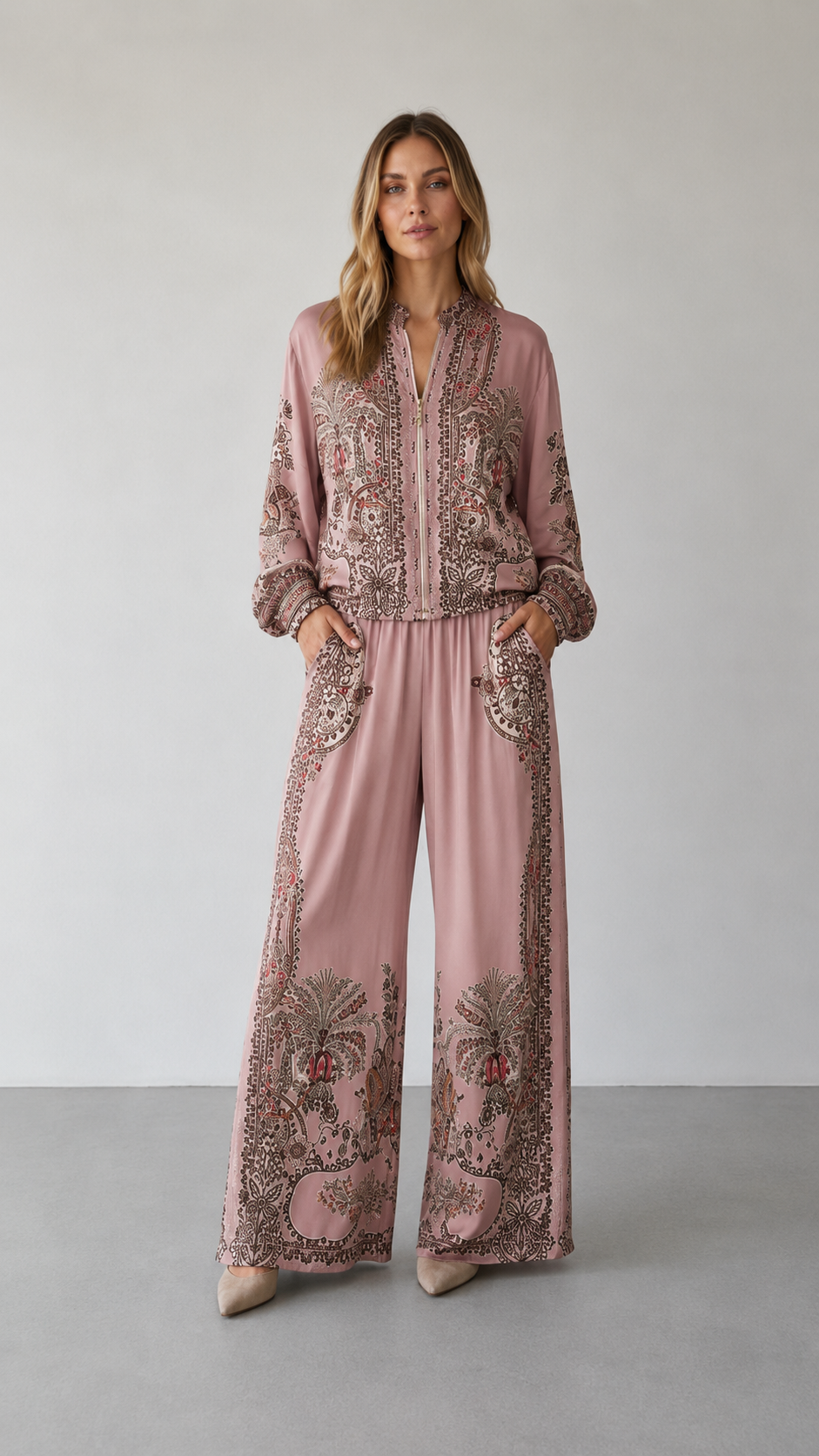 Paisley Print Zip-Front Blouse & Wide Leg Pants Set