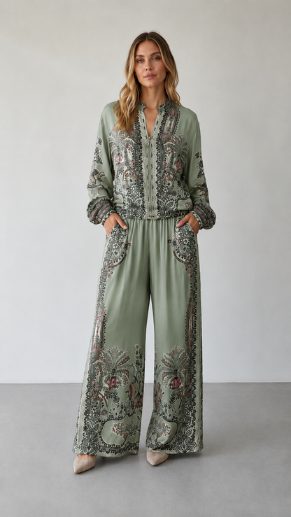 Paisley Print Zip-Front Blouse & Wide Leg Pants Set